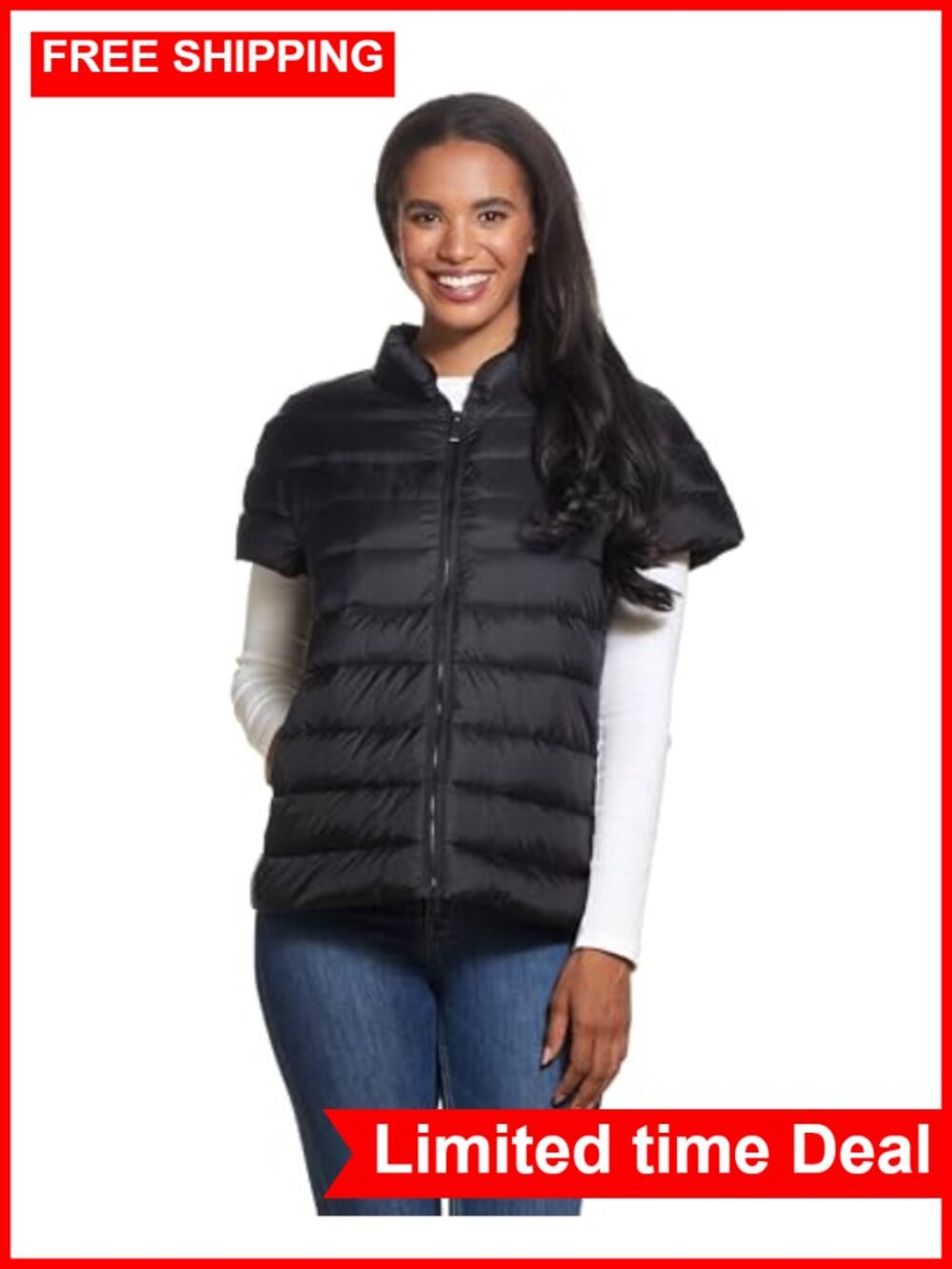 Quilted Puffer Vest Lightweight Packable Short Sleeve Zip Front